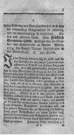 Ueber Toleranz und Gewissensfreyheit.