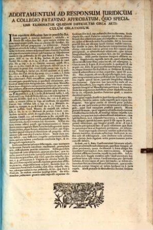 Additamentum Ad Responsum Juridicum A Collegio Patavino Approbatum, Quo Specialius Examinatur Quaedam Difficultas Circa Articulum Oblationum