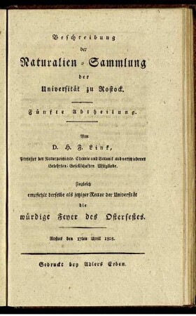 Abth. 5: Beschreibung der Naturalien-Sammlung der Universitaet zu Rostock. Abth. 5