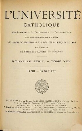 L' Université catholique. 25. 1897