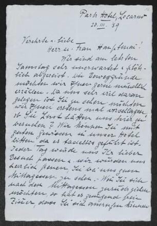 Brief von Robert Faesi und Jenny Faesi an Gerhart Hauptmann und Margarete Hauptmann