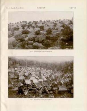 Tafel VII. Sumbawa. Fig. 1. Parklandschaft im Donggo-Berglande. Fig. 2. Das Donggo-Dorf Oo in West-Bima