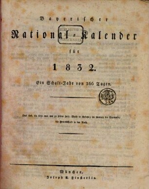 Bayerischer National-Kalender : für .... 1832