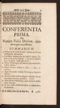 Conferentia Prima. De Natura Fidei Divinae, ejusdémque necessitate