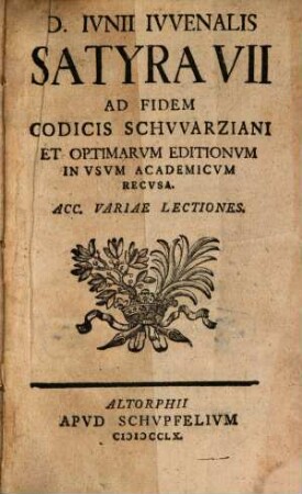 D. Ivnii Ivvenalis Satyra VII : Ad Fidem Codicis Schvvarziani Et Optimarvm Editionvm In Vsvm Academicvm Recvsa. Acc. Variae Lectiones