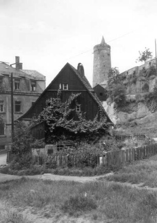 Bautzen, Vor der Fischerpforte 10. Wohnhaus (sog. Hexenhäuschen, vor 1604). Gartenansicht gegen Alte Wasserkunst