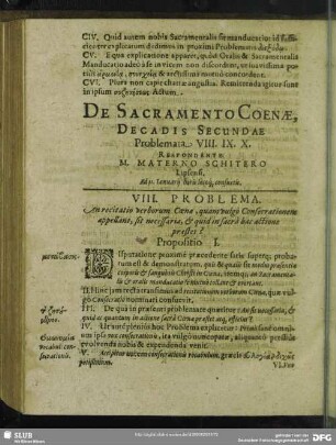 De Sacramento Coenae, Decadis Secundae Problemata VIII. IX. X. Respondente M. Materno Schitero Lipsiensi