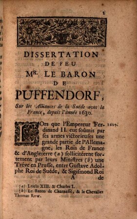 Dissertation de Mr. de Puffendorf sur les alliances entre la France et la Suede, avec un avis de quelques senateurs