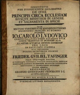 Dissertatio Ivris Evangelicorum Ecclesiastici De Ivre Principis Circa Ecclesiam Eivsqve Ministros In Genere Et Sacramenta In Specie
