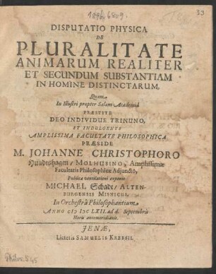 Disputatio Physica De Pluralitate Animarum Realiter Et Secundum Substantiam In Homine Distinctarum