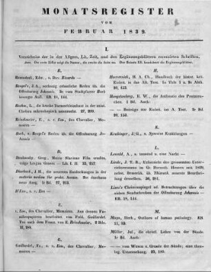 Monatsregister vom Februar 1839