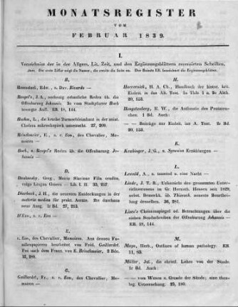 Monatsregister vom Februar 1839
