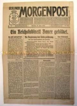 Tageszeitung "Berliner Morgenpost" über Bildung des Reichskabinetts unter Gustav Bauer