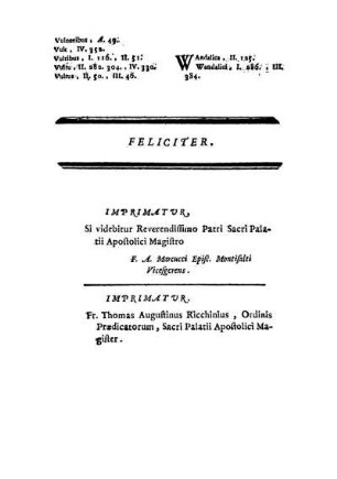 Imprimatur, Si videbitur Reverendissimo Patri Sacri Palatii Apostolici Magistro [...]