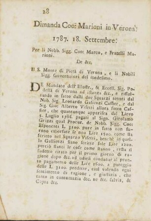 Dimanda Coo: Marioni in Verona. 1787. 18. Settembre.