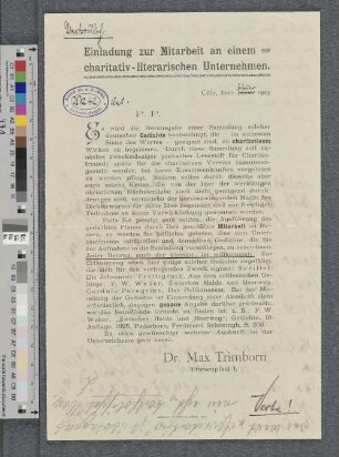 Briefentwurf an Max Trimborn / Kartellkomité