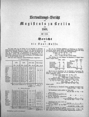 No. XXI. Bericht über die Spar-Kasse