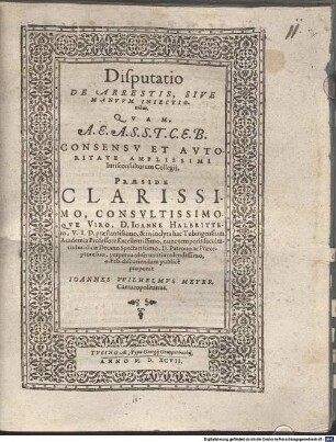 Disp. de arrestis, sive manuum iniectionibus