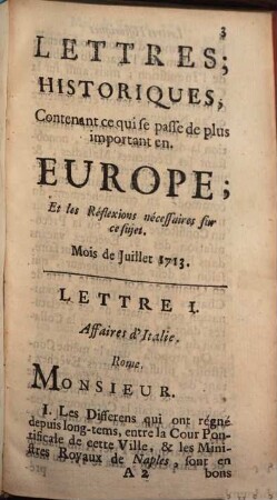 Lettres historiques, contenant ce qui se passe de plus important en Europe, et les réflexions nécessaires sur ce sujet. 44. 1713