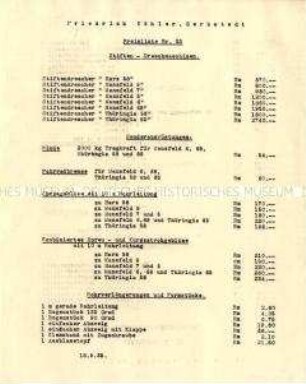 Preisliste über Dreschmaschinen