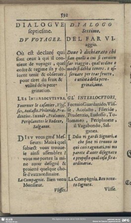 Dialogue septiesme. Du Voyager [= Das Siebende Gespräch. Vom Reysen]