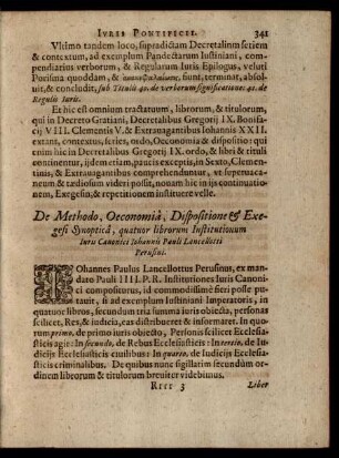 De Methodo, Oeconomia, Dispositione & Exegesi Synoptica, quatuor librorum Institutionum Iuris Canonici Iohannis Pauli Lancellotti Perusini.