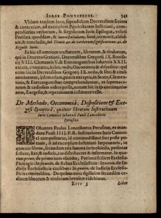 De Methodo, Oeconomia, Dispositione & Exegesi Synoptica, quatuor librorum Institutionum Iuris Canonici Iohannis Pauli Lancellotti Perusini.