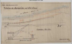 Beuel, Bahnhof: Umbau des Sturzgerüsts. Lageplan, Querprofil mit Seitenansicht des Krans.