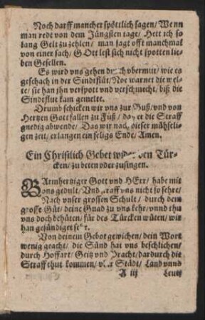 Ein Christlich Gebet wider den Tür=||cken/ zu beten oder zusingen. ||