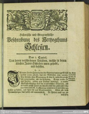 Das 1. Capitel, Von denen verschiedenen Völckern, welche in denen ältesten Zeiten Schlesien innen gehabt, und besessen