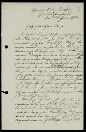 Nr. 2: Brief von Hermann Amandus Schwarz an David Hilbert, Berlin, 4.6.1908