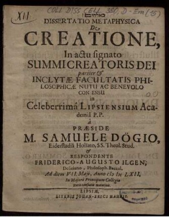 Dissertatio Metaphysica De Creatione