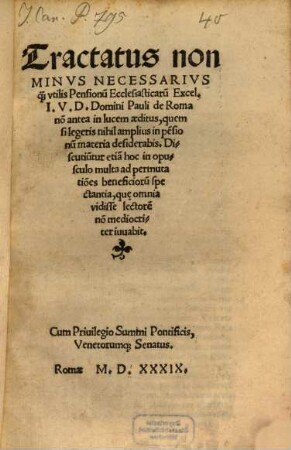 Tractatus non minvs necessarivs quam vtilis Pensionum ecclesiasticarum
