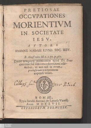 Pretiosae Occvpationes Morientivm In Societate Iesv