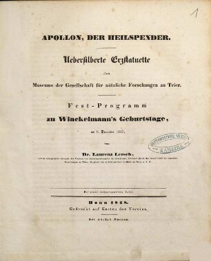 Apollon, der Heilspender : Uebersilberte Erzstatuette des Museums der Gesellschaft für nützliche Forschungen zu Trier