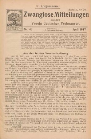 Nr. 43 April 1917 17. Kriegsnummer. Band II, Nr. 26.