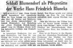 Schloß Blumendorf als Pflegestätte der Werke Hans Friedrich Bluncks