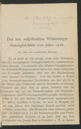 Das neu aufgefundene Wittenberger Gesangbüchlein vom Jahre 1526