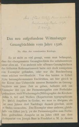Das neu aufgefundene Wittenberger Gesangbüchlein vom Jahre 1526