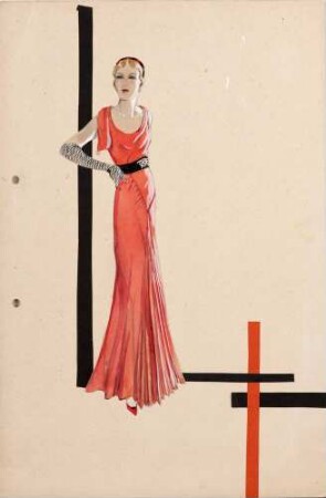 Frühe Entwurfszeichnung, rotes Kleid mit asymmetrischer Drapierung