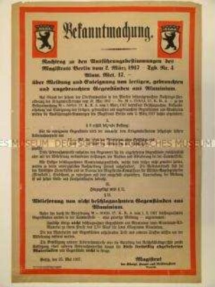 Maueranschlag: Bekanntmachung über die Enteignung von Aluminiumgegenständen