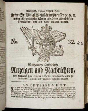 No. 32. Montags, den 9ten August 1762.