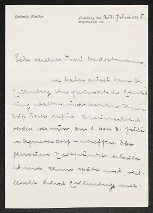 Brief von Hedwig Buller an Margarete Hauptmann
