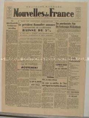 Zweisprachige Ausgabe des Nachrichtenblattes "Nouvelles des France" u.a. zur Londoner Konferenz der Siegermächte