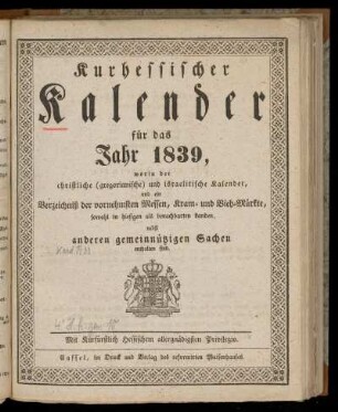 Kurhessischer Kalender 1839