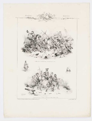 Karl XII. und Kampfszenen in einem von einer Trophäe überragten Rahmen, Blatt 12 der Folge "Geschichte Mazedoniens"