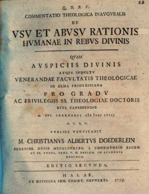 Commentatio theol. inaug. de usu et abusu rationis humanae in rebus divinis