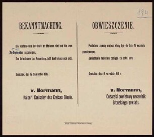 "Bekanntmachung." Aufforderung zur Anmeldung von Melassebeständen