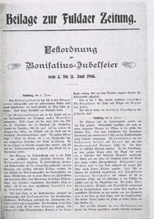 Beilage zur Fuldaer Zeitung. Festordnung zur Bonifatius-Jubelfeier vom 3. bis 11. Juni 1905.