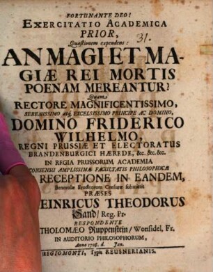 Exercitatio acad. prior quaestionem expendens An magi et magiae rei mortis poenam mereantur?